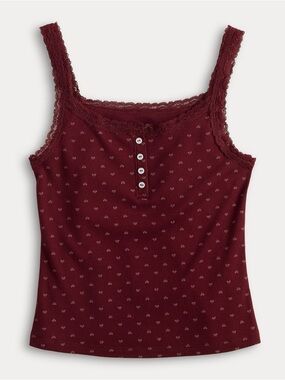 SO Lace Trim Henley Ribbed Tank Top Cami